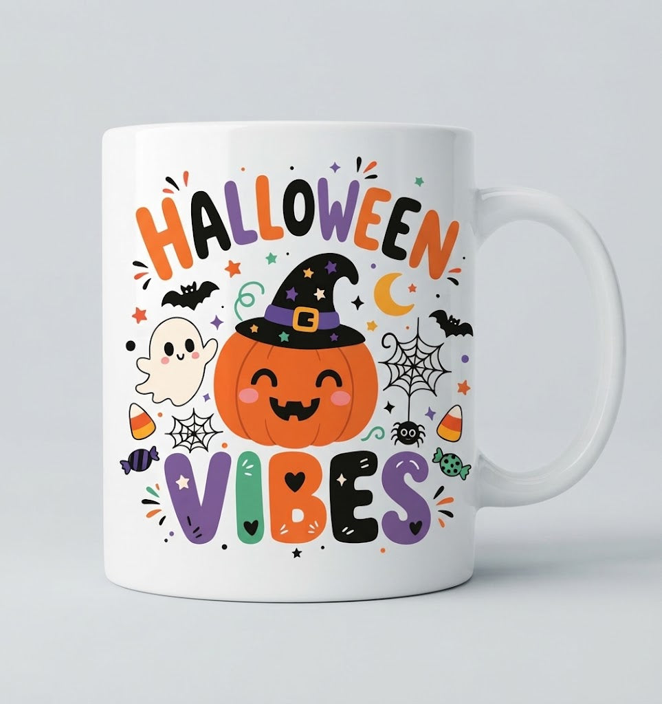 Cană Halloween Vibes – Dovleac zâmbitor și fantomiță