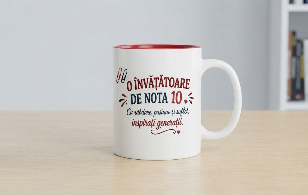 Cană pentru învățătoare – O învățătoare de nota 10, interior roșu