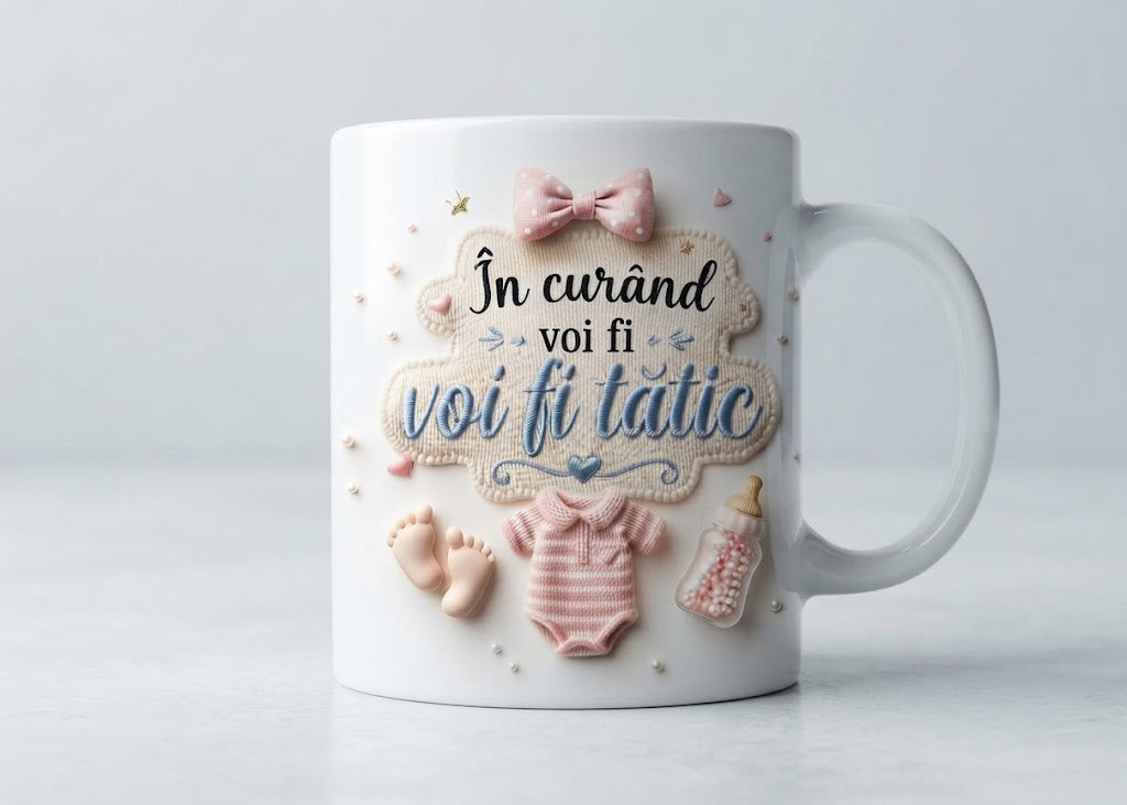 Cană pentru viitor tată – În curând voi fi tătic, fundă roz