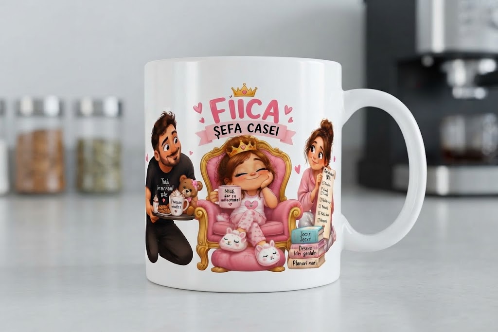 Cană Fiica – Șefa casei, prințesă pe tron roz