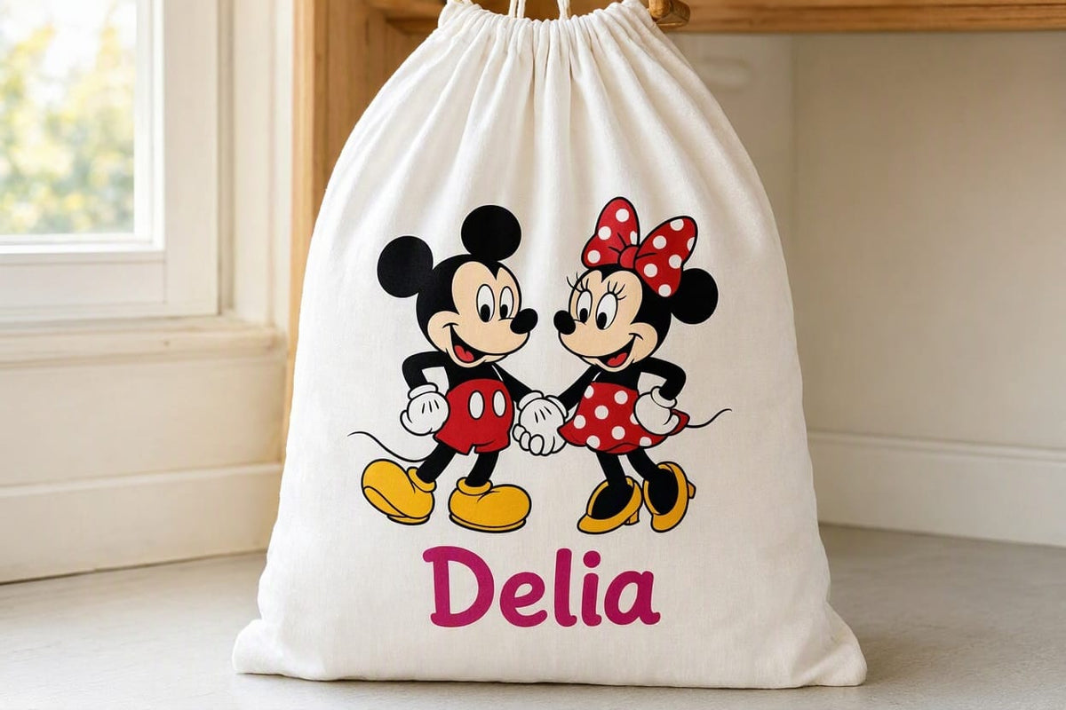 Săculeț personalizat cu Mickey, Minnie și nume