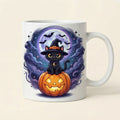 Cană Halloween – Pisică neagră cu pălărie pe dovleac, lună plină