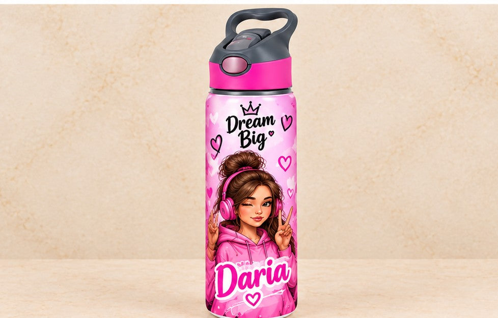Bidon de apă personalizat cu tânără cu căști roz, Dream Big și nume, 650 ml