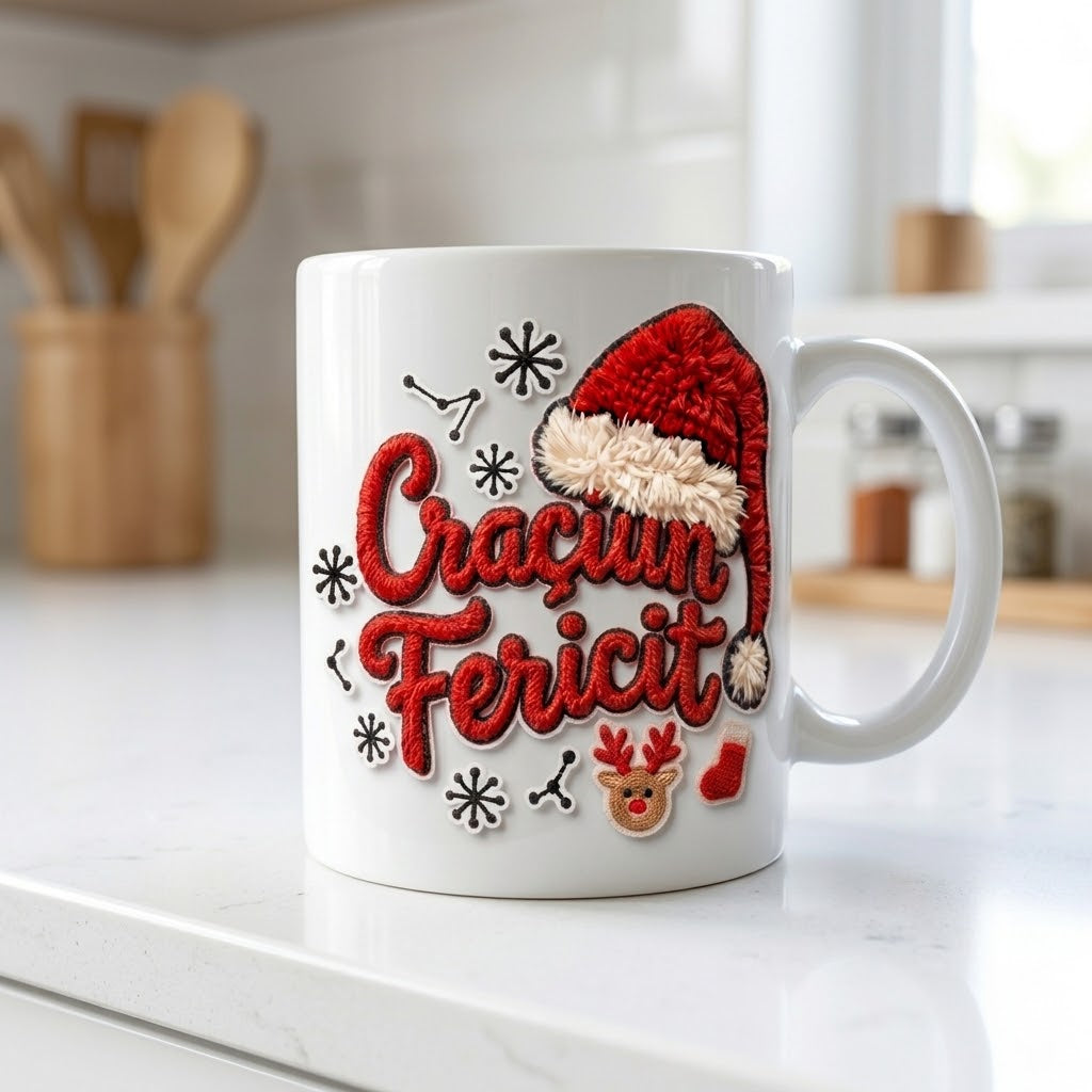 Cană de Crăciun – Crăciun Fericit, efect brodat și ren