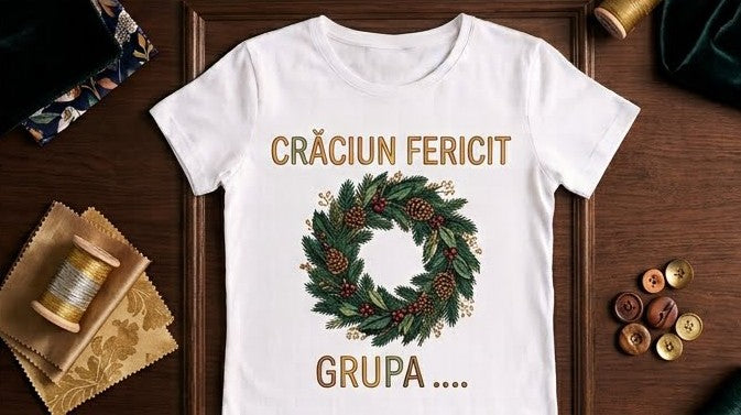 Tricou personalizat femei – Crăciun fericit, coroniță cu conuri și grupa