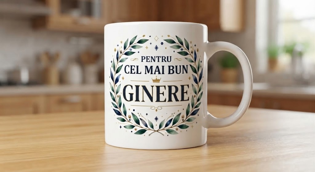 Cană pentru ginere – Pentru cel mai bun ginere, cu coroniță de frunze