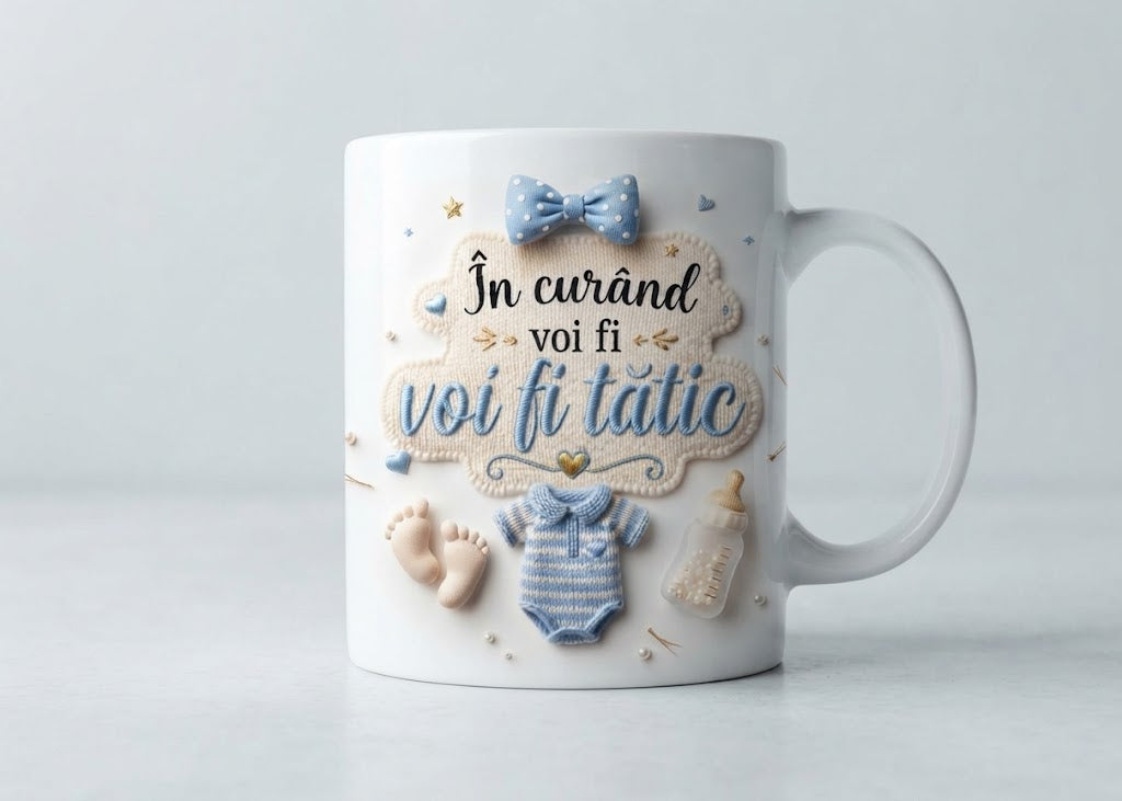 Cană pentru viitor tată – În curând voi fi tătic, fundă albastră