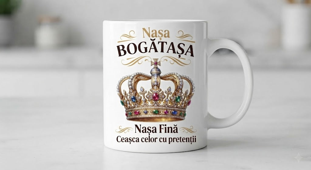 Cană pentru nașă – Nașa Bogătașa, coroană ornamentată