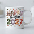 Cană Happy New Year 2027 – Efect de broderie, flori și fundițe