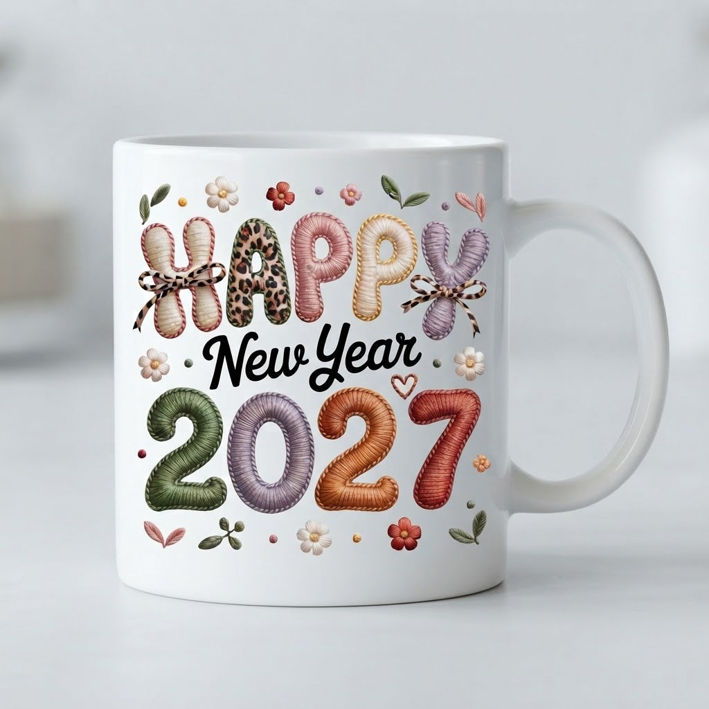 Cană Happy New Year 2027 – Efect de broderie, flori și fundițe