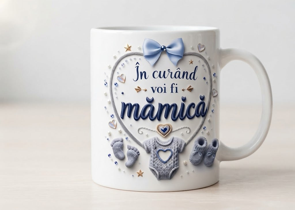 Cană pentru viitoare mamă – În curând voi fi mămică, fundă albastră
