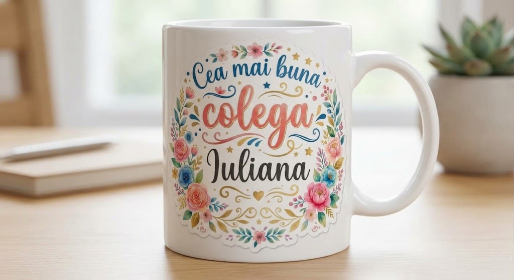Cană pentru colegă – Cea mai bună colegă, Iuliana, design floral