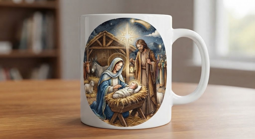 Cană religioasă – Nașterea lui Iisus, Iosif cu felinar, chenar oval