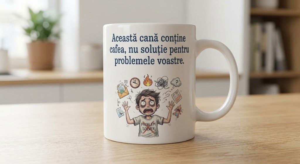 Cană cu mesaj amuzant – Cafea, nu soluții pentru problemele voastre