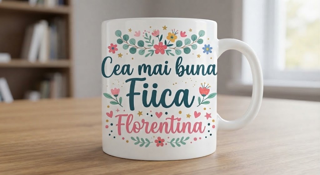 Cană pentru fiică – Cea mai bună fiică, Florentina, design floral