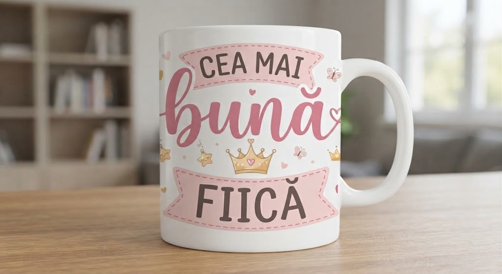 Cană pentru fiică – Cea mai bună fiică, cu bannere roz
