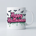Cană Happy Halloween – Text roz cu efect neon și lilieci