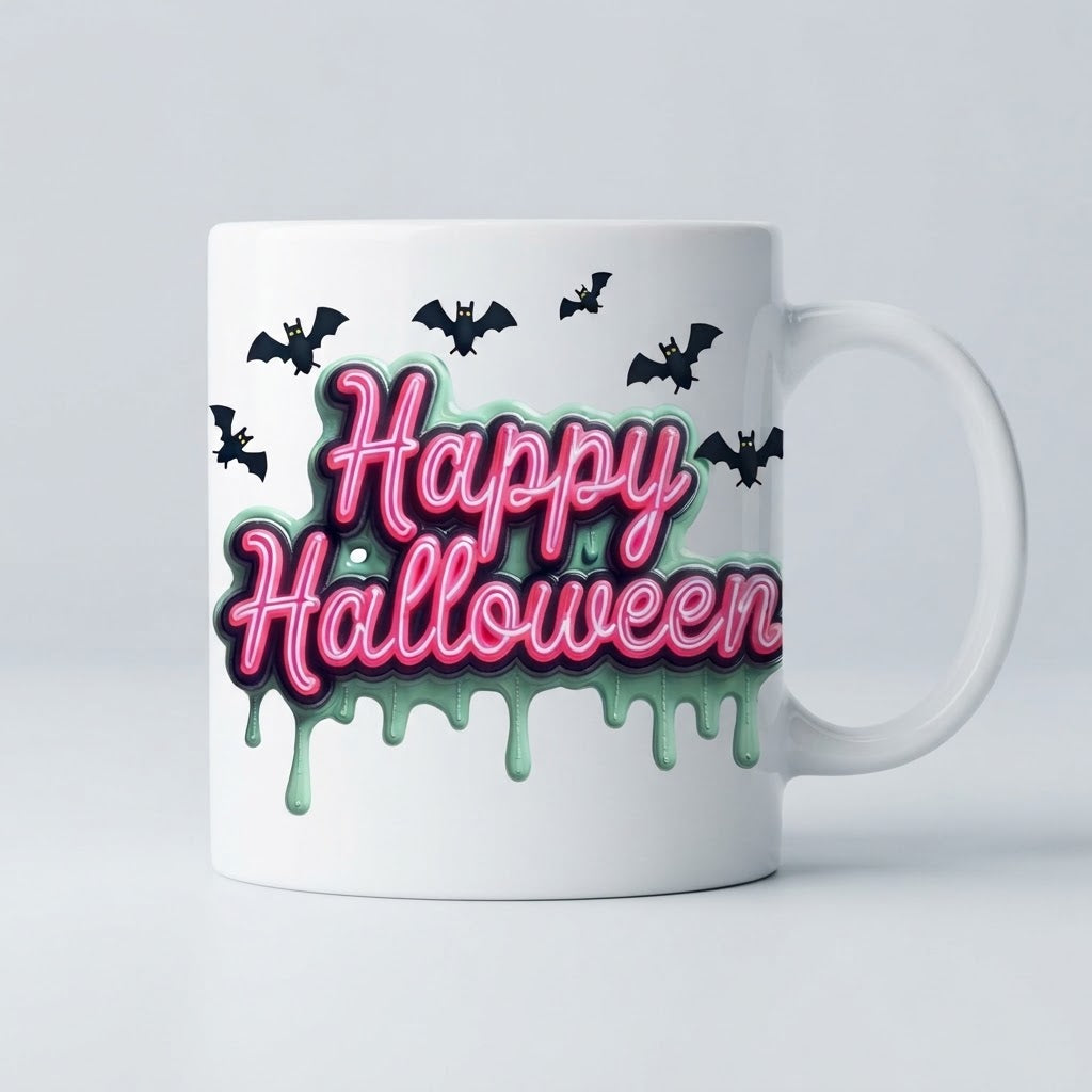 Cană Happy Halloween – Text roz cu efect neon și lilieci