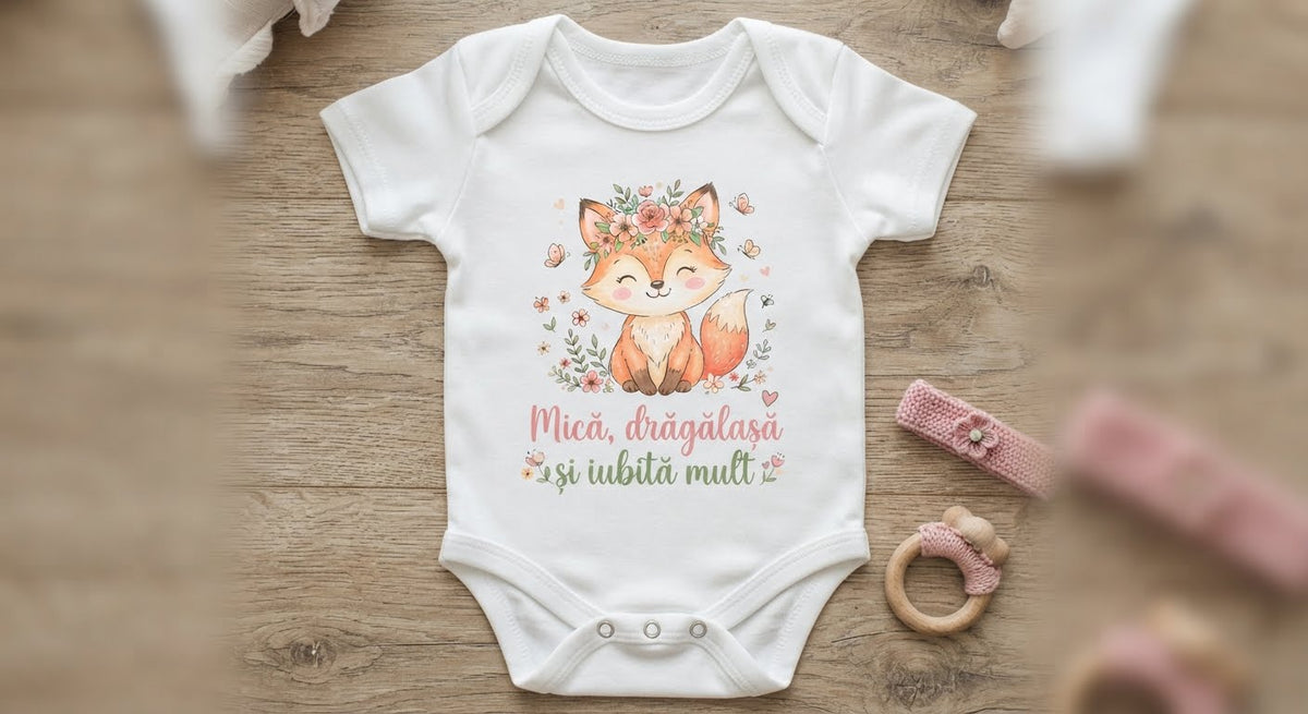 Body personalizat – Mică, drăgălașă și iubită mult, vulpiță cu flori