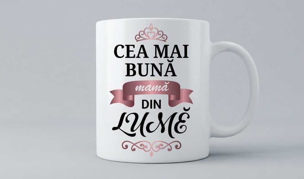 Cană pentru mamă – Cea mai bună mamă din lume, cu panglică roz