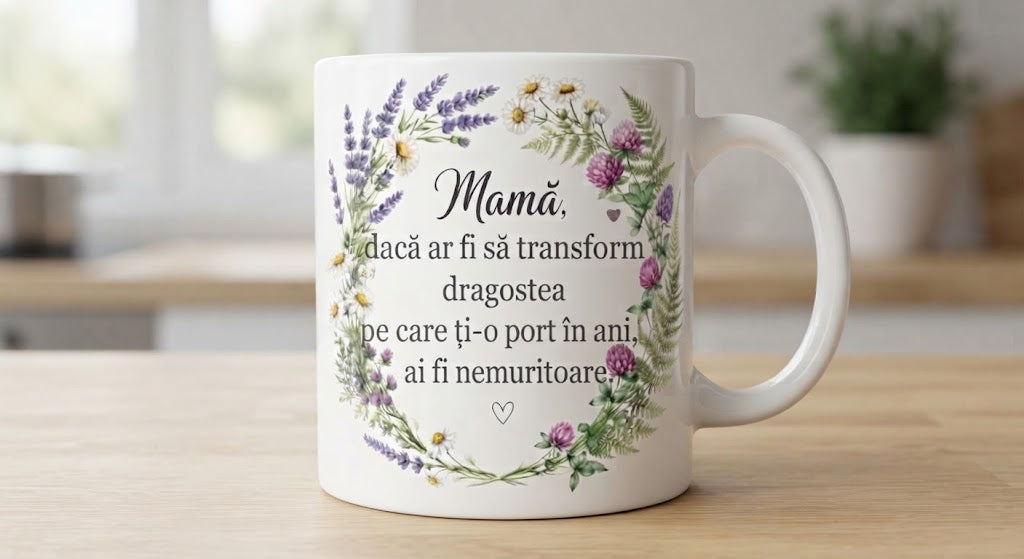 Cană pentru mamă – Ai fi nemuritoare, coroniță florală