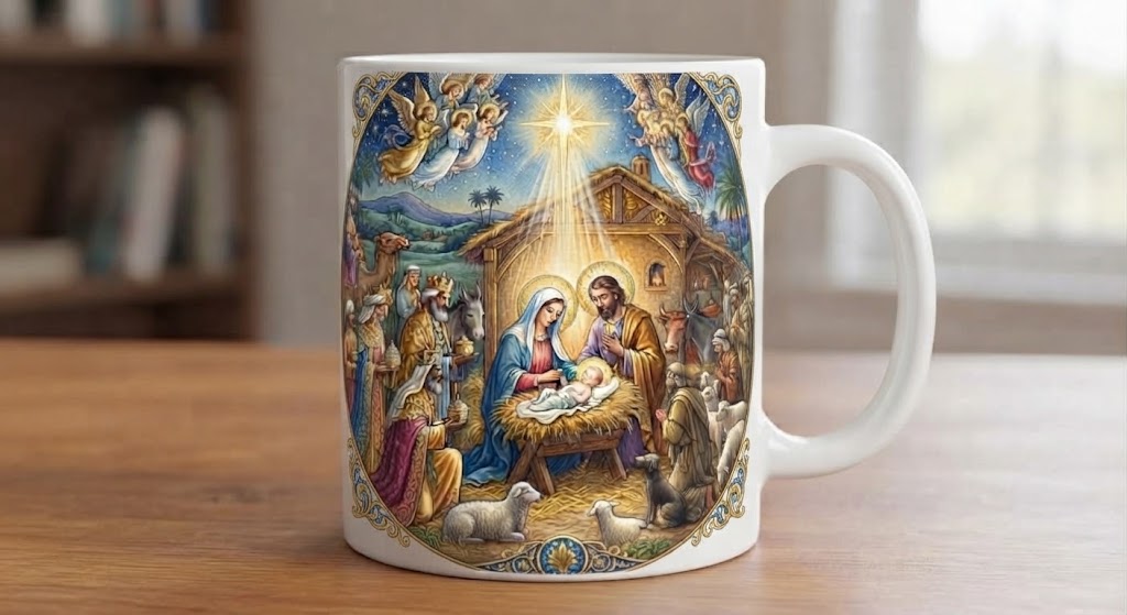 Cană religioasă – Nașterea lui Iisus, îngeri și chenar ornamentat