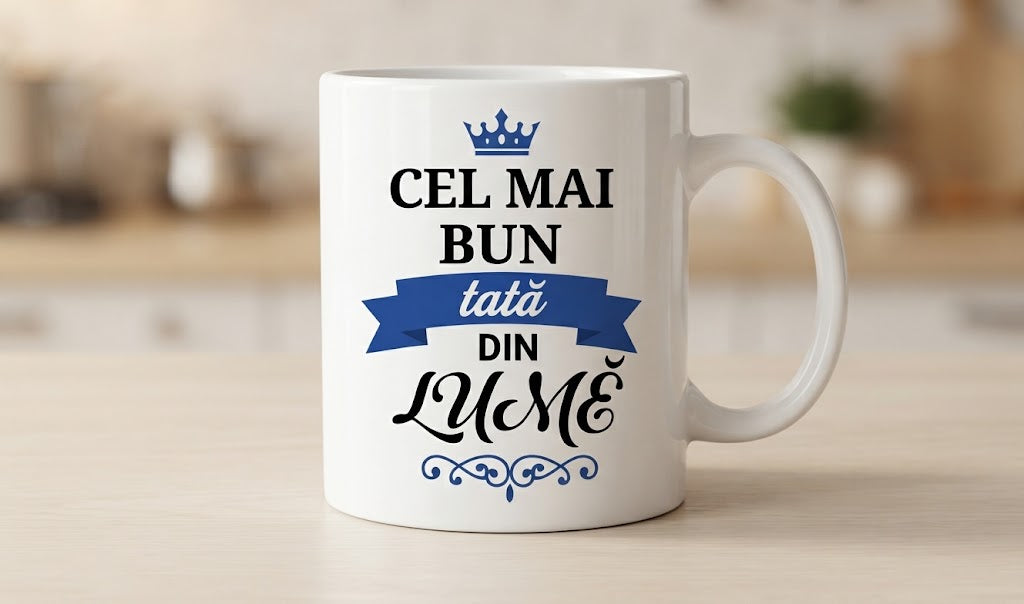 Cană pentru tată – Cel mai bun tată din lume, cu panglică albastră