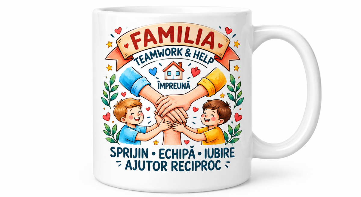 Cană pentru familie – Împreună, sprijin, echipă și iubire