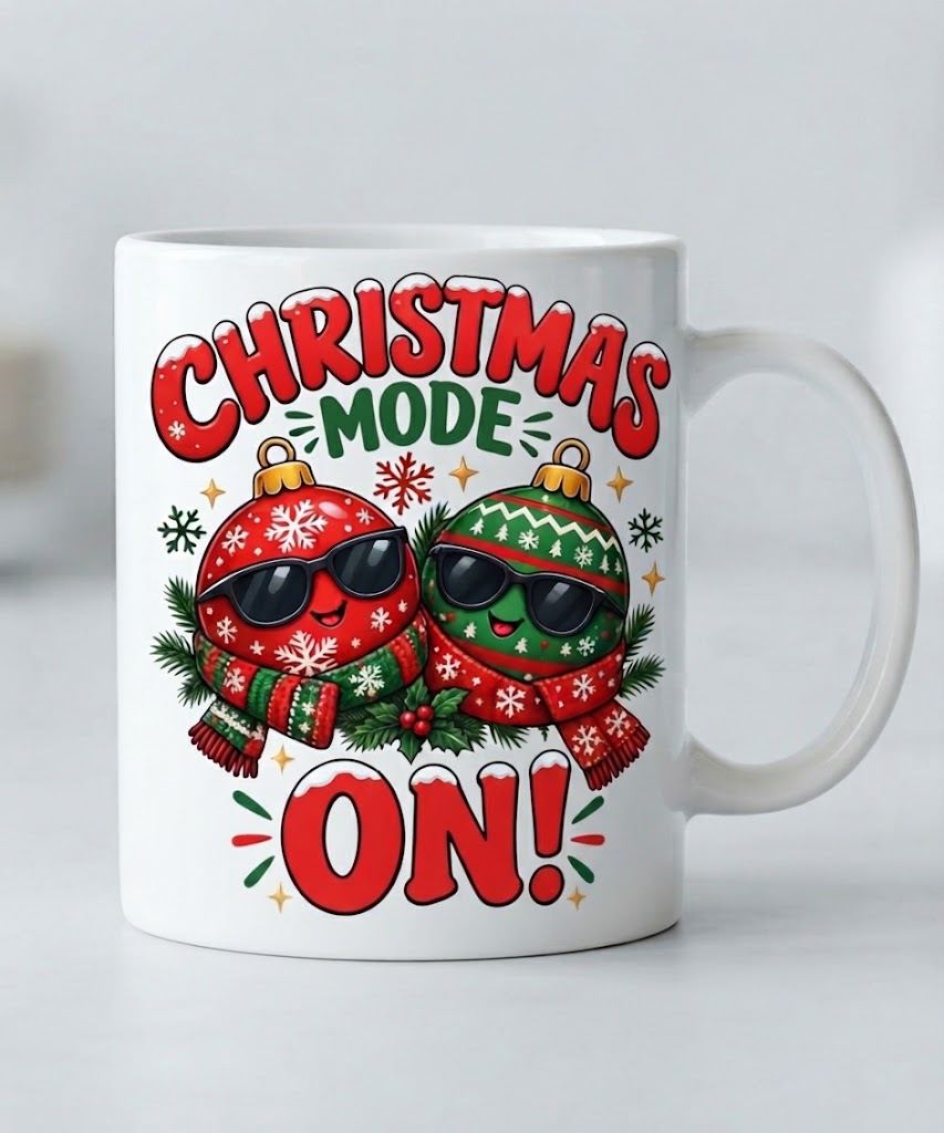 Cană de Crăciun – Christmas Mode ON!, globuri cu ochelari
