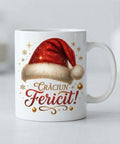 Cană Crăciun Fericit! – Căciulă de Moș Crăciun și fulgi aurii