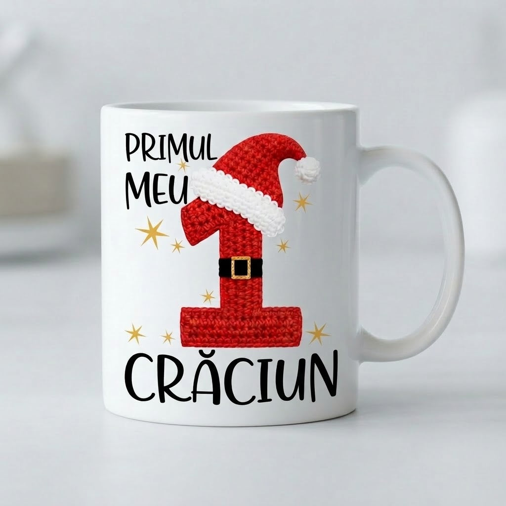 Cană Primul meu Crăciun – Cifra 1 roșie cu căciulă de Moș