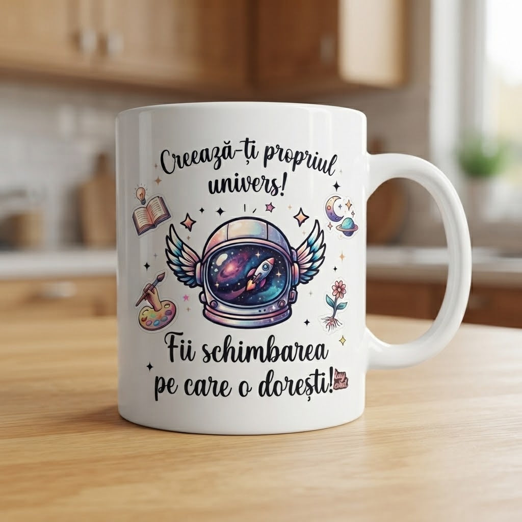 Cană motivațională – Creează-ți propriul univers!, cască de astronaut