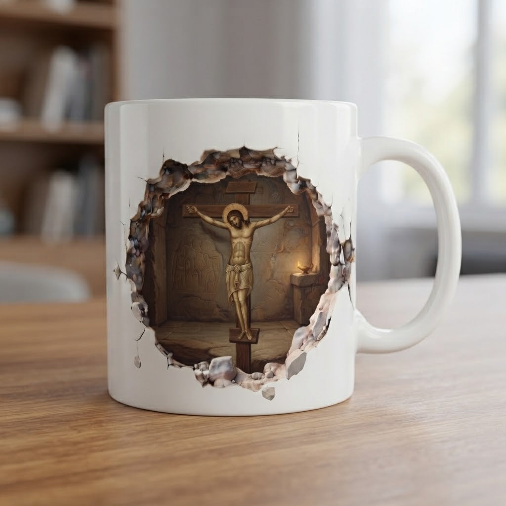 Cană religioasă – Iisus răstignit, sepia cu efect de zid spart