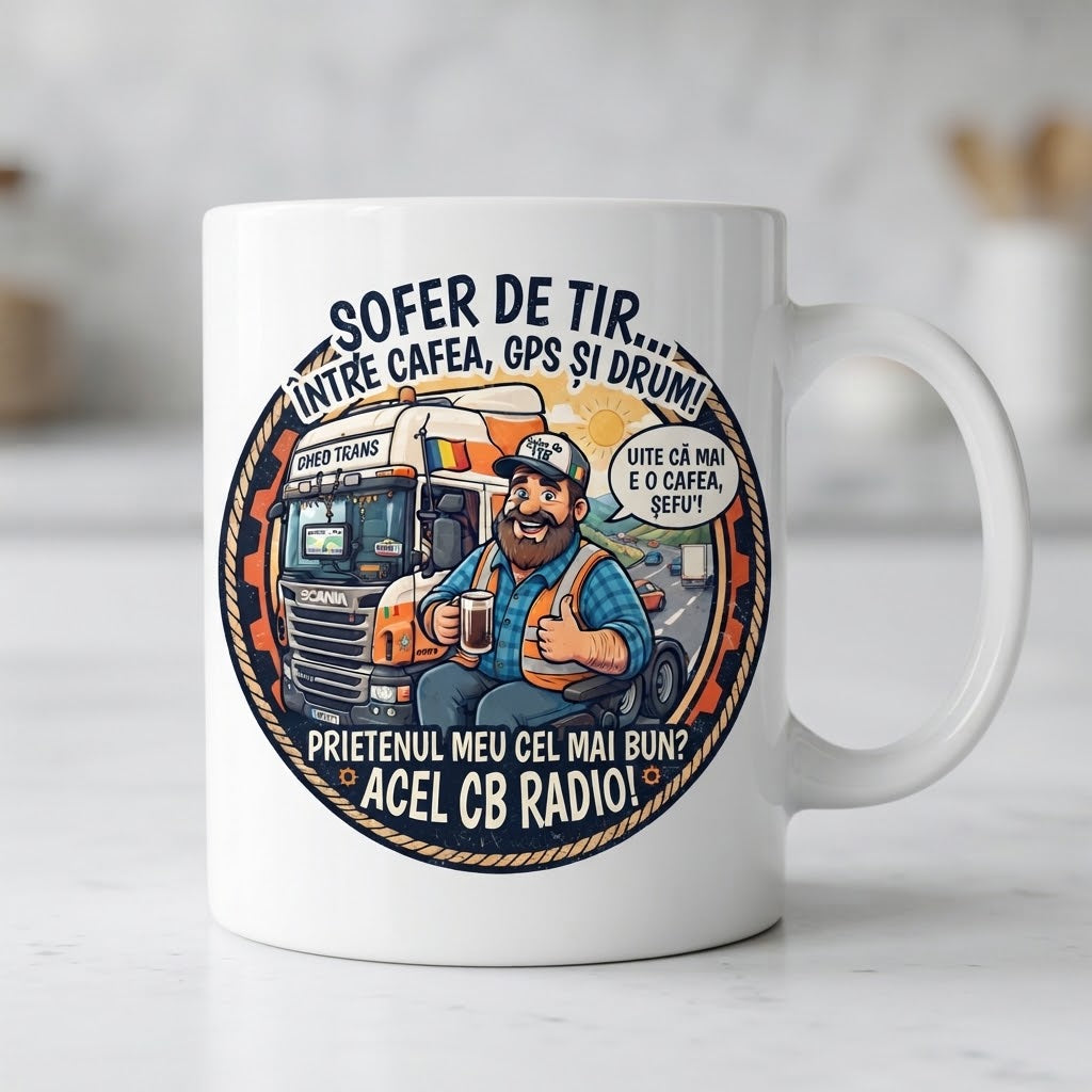 Cană Șofer de TIR – Între cafea, GPS și drum, CB radio