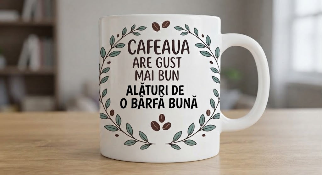 Cană amuzantă – Cafeaua are gust mai bun alături de o bârfă bună