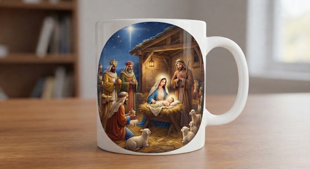 Cană religioasă – Nașterea lui Iisus, scenă în chenar oval