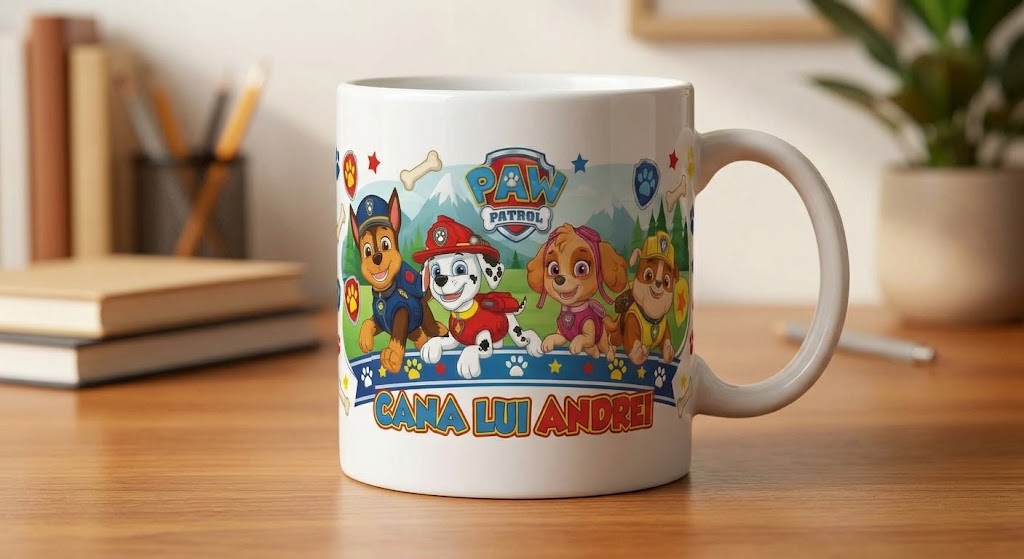 Cană cu nume Andrei – Paw Patrol, lăbuțe și steluțe