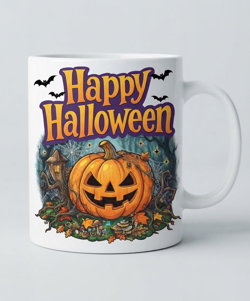 Cană Happy Halloween – Dovleac sculptat în pădure cu felinar