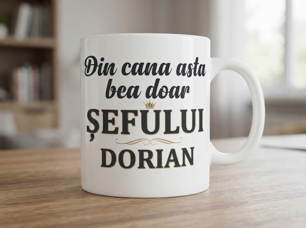 Cană pentru șeful Dorian – Coroană și mesaj amuzant