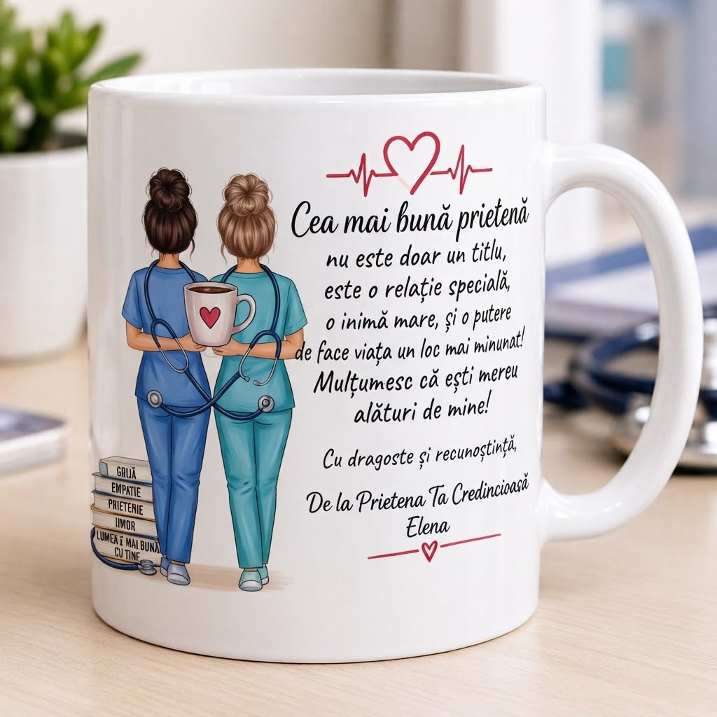 Cană pentru prietenă – Design medical, mesaj de recunoștință de la Elena