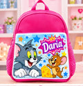 Ghiozdan roz personalizat cu nume – Tom și Jerry cu steluțe colorate