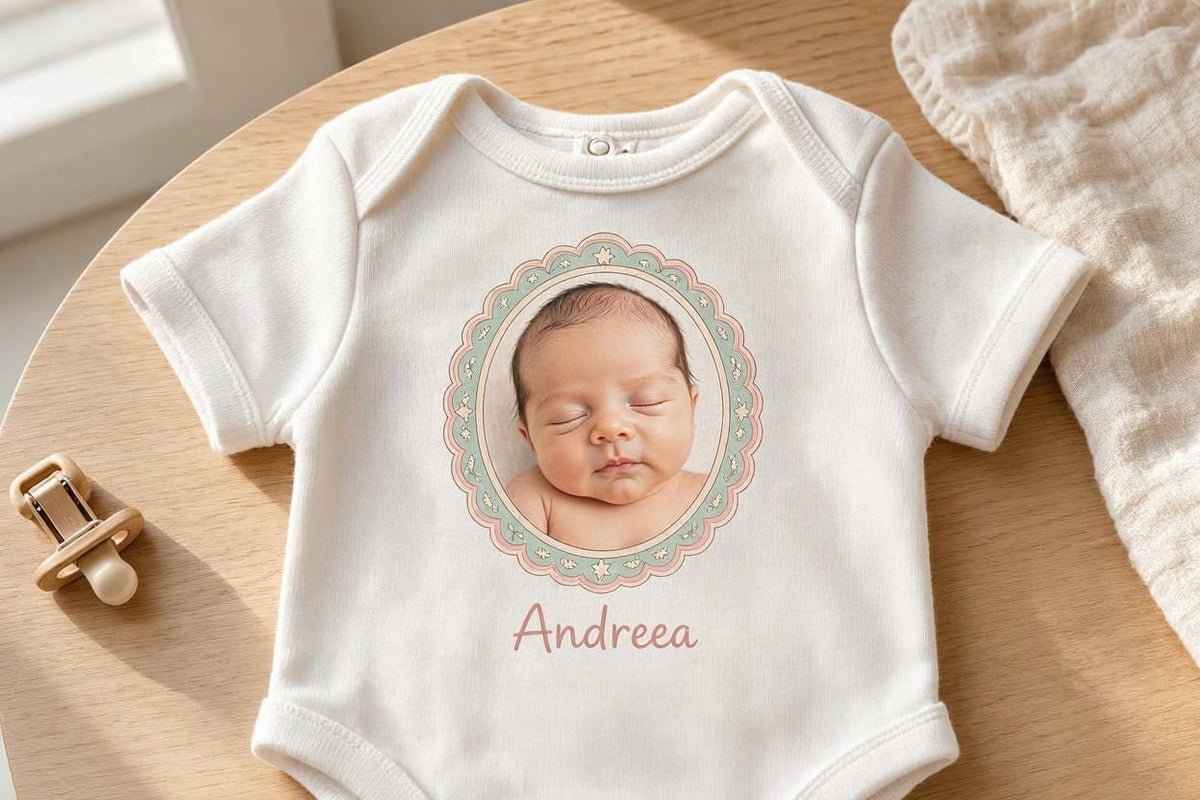 Body personalizat copii cu fotografie și nume – Andreea, ramă ovală cu steluțe
