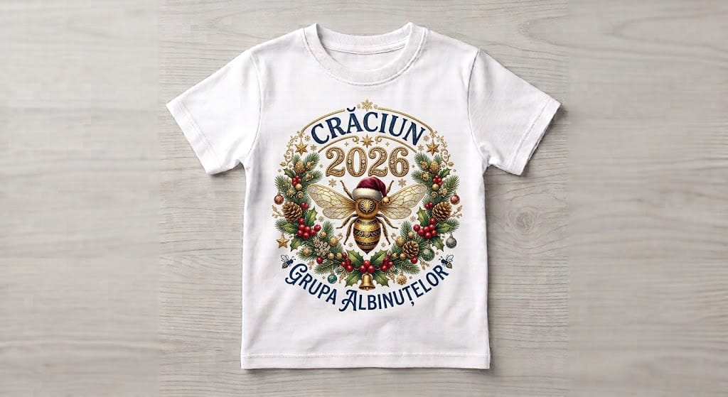 Tricou personalizat copii – Crăciun 2026, Grupa Albinuțelor, albină în coroniță festivă