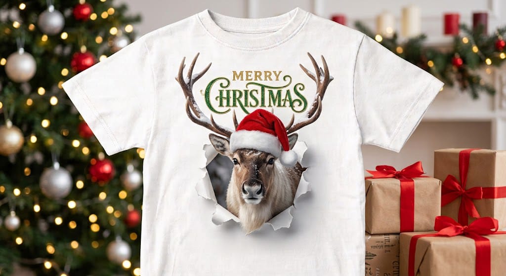 Tricou personalizat copii – Merry Christmas, ren cu căciulă de Moș
