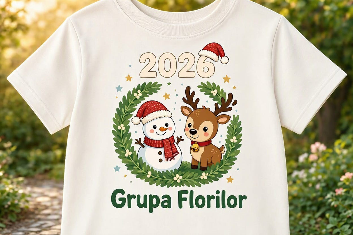 Tricou personalizat copii – Crăciun 2026, Grupa Florilor, om de zăpadă și ren