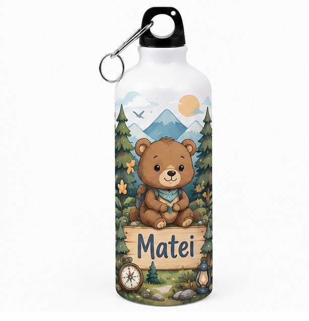 Bidon de apă personalizat cu ursuleț, busolă și numele copilului, 500 ml
