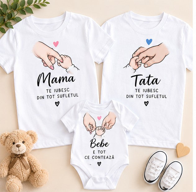 Set familie Te iubesc din tot sufletul – Mama, Tata și Bebe, inimioare roz și albastre