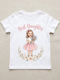 Tricou personalizat copii – Best Daughter, fetiță cu buchet și fustă roz