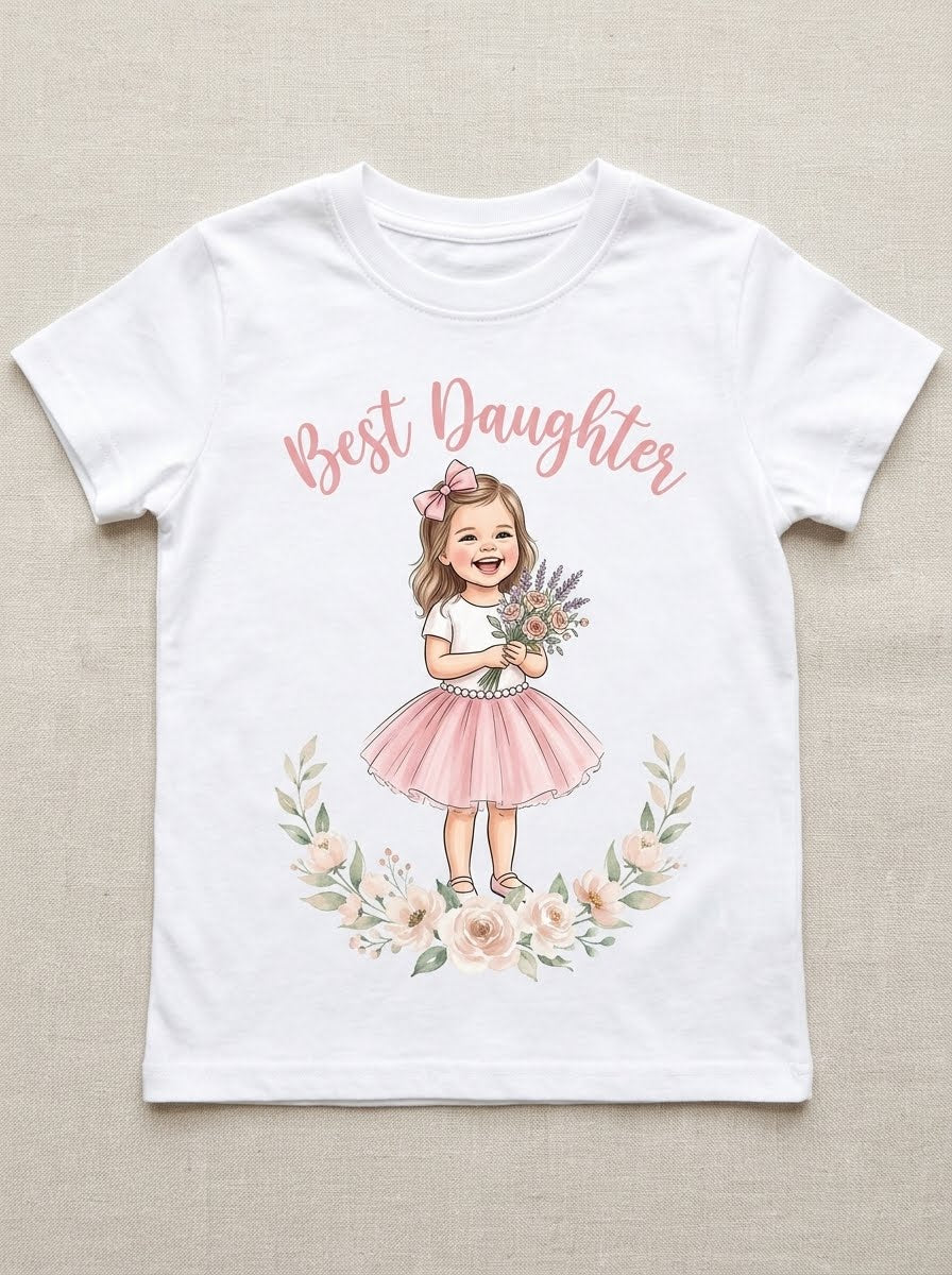 Tricou personalizat copii – Best Daughter, fetiță cu buchet și fustă roz