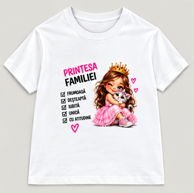 Tricou personalizat copii – Prințesa familiei, rochie roz și pisicuță